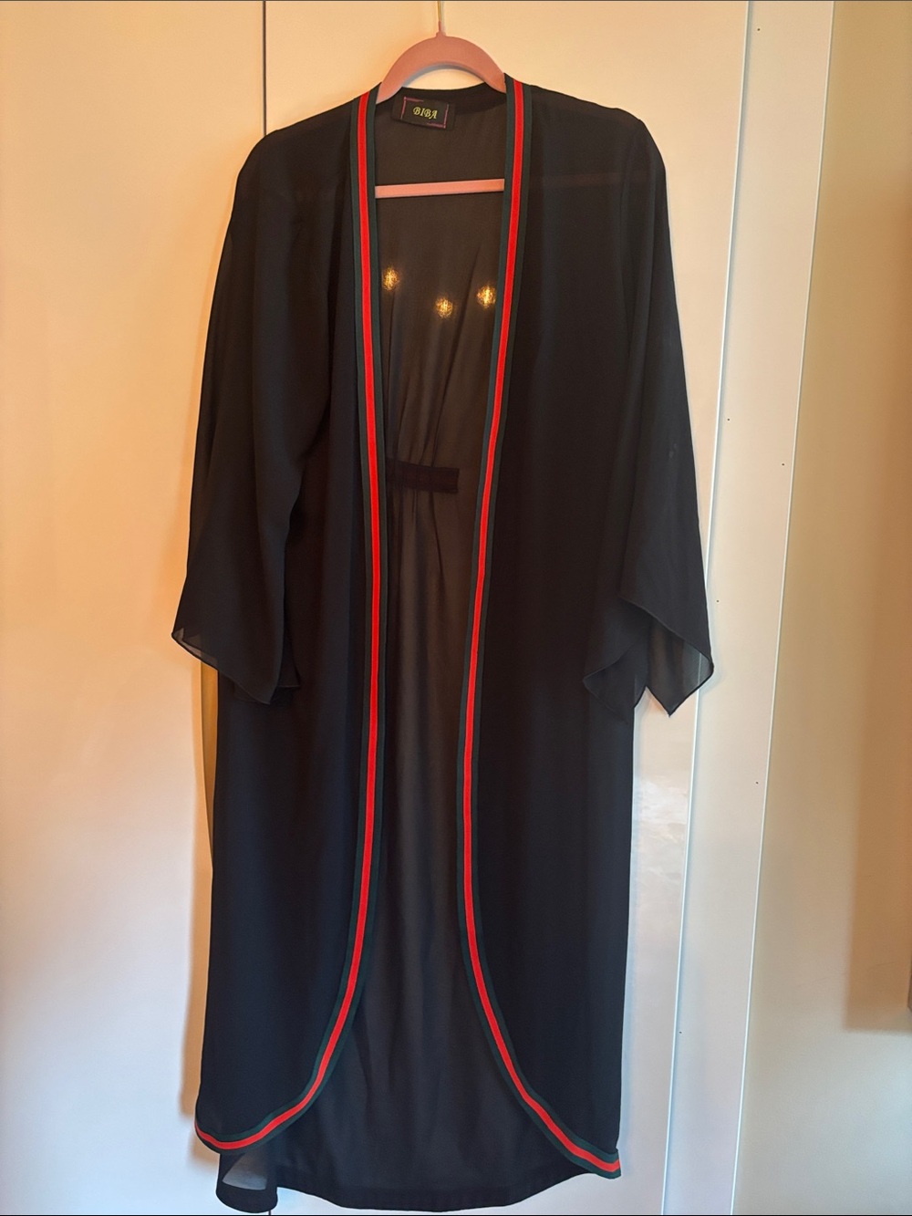 Biba Black Sheer Open-Front Kimono with Red Trim